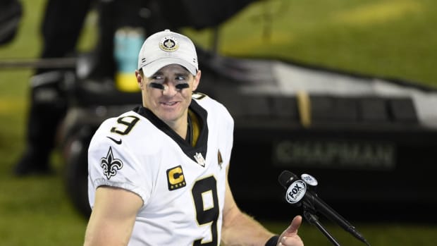 Jan 3, 2021; Charlotte, North Carolina, USA; New Orleans Saints quarterback Drew Brees (9) after the game at Bank of America Stadium. Mandatory Credit: Bob Donnan-USA TODAY Sports